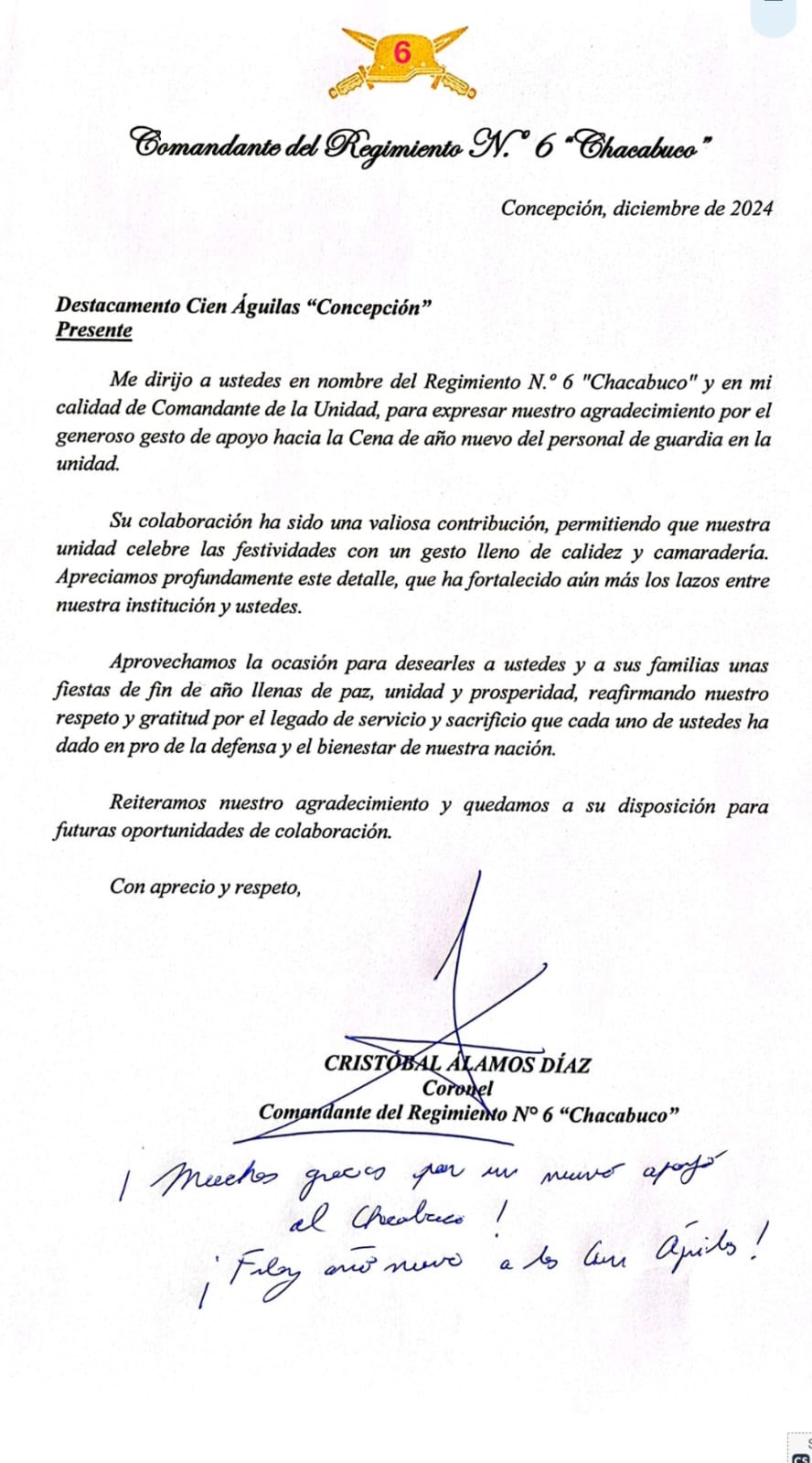 Destacamento Concepción recibe agradecimiento de Regimiento Chacabuco por cena de año nuevo